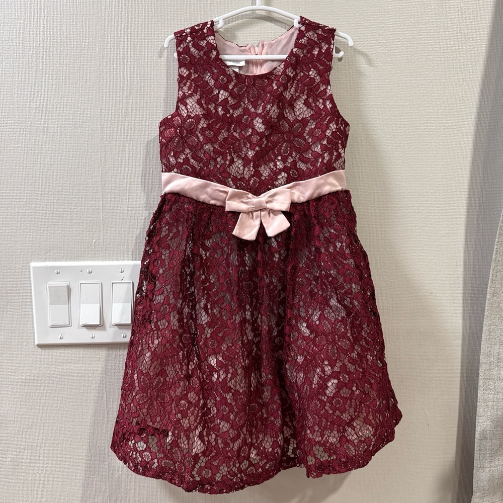 Bonnie Jean Burgundy Lace Dress with Pink Satin Sash